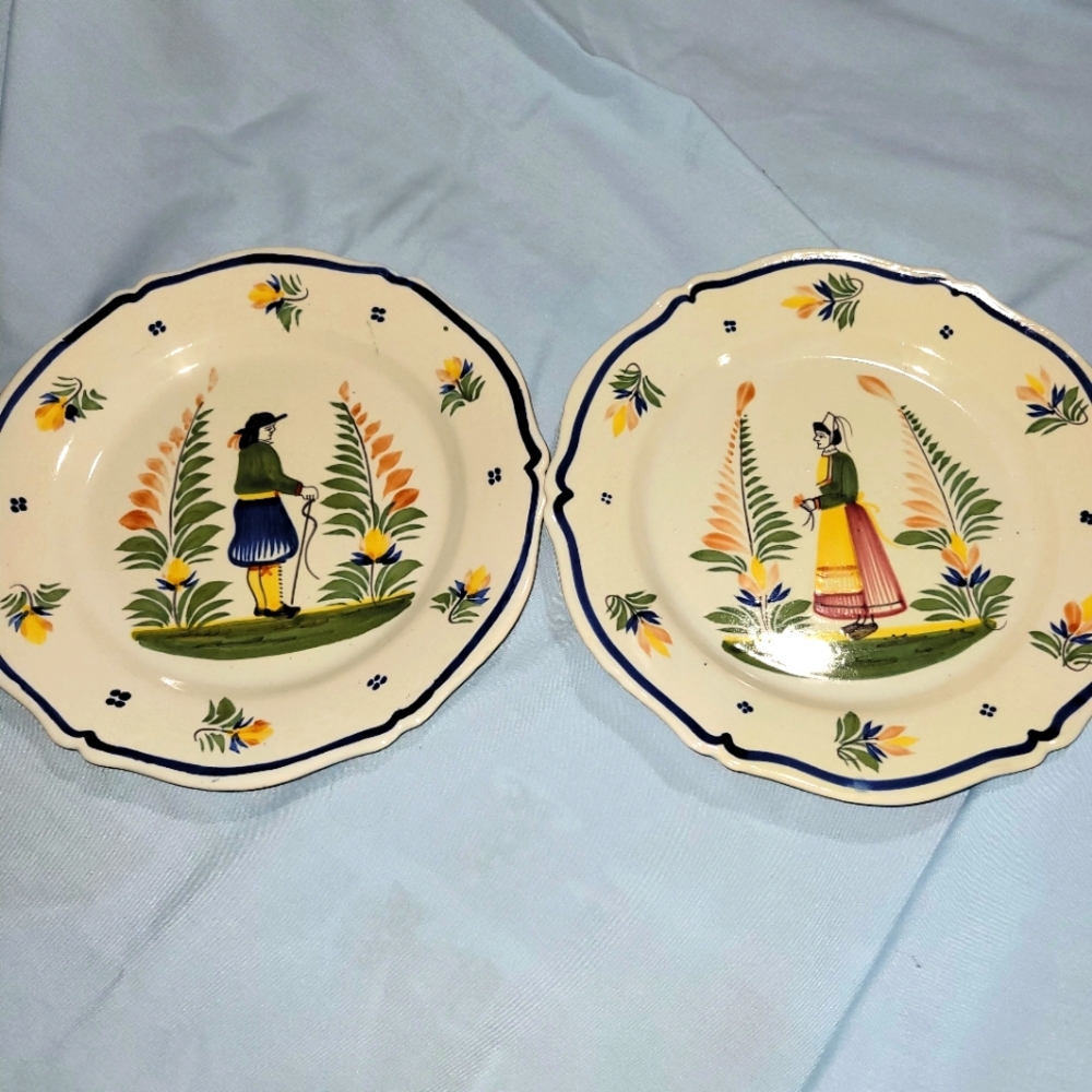 Pair Of Vintage Henriot Quimper Plates Breton man and woman hand painted 9.5"